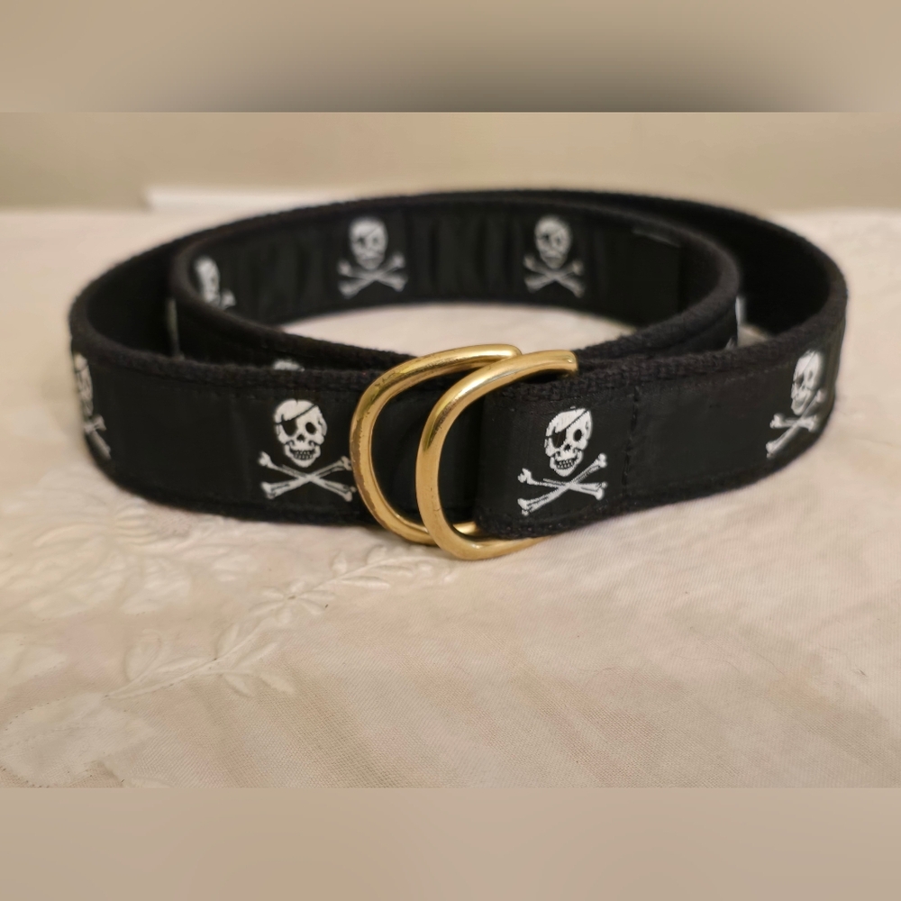 Leather Man Ribbon Belt With Black Skull and Crossbones - Gold Buckle 36" Long